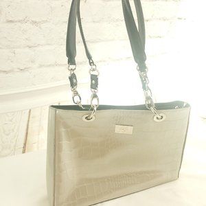 Beijo Womens Taupe Crocodile Textured PU Leather Double Handles Shoulder Bag